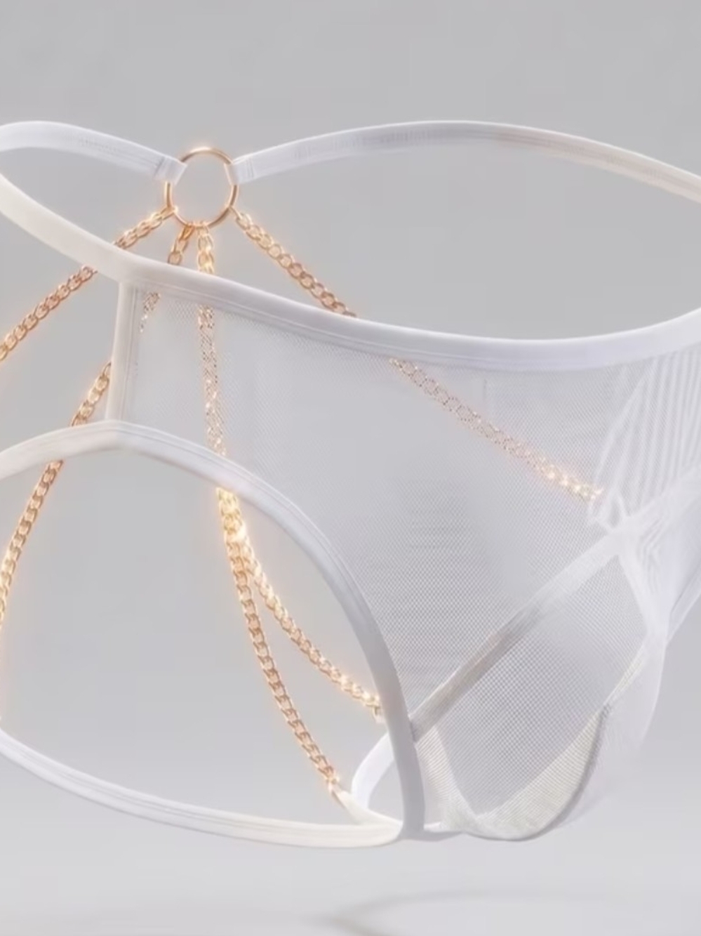 Men's White Sheer Mesh Bikini Brief with Gold Chain Accent - Picture 2 of 5